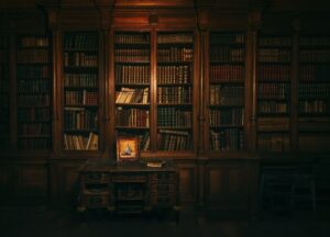 Donkere bibliotheek met boekenwanden en een open boek op een bureau