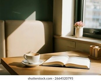 Open boek en kopje koffie in warme ochtendzon bij het raam