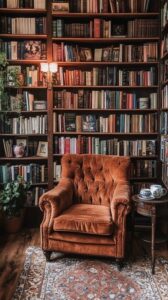 Gevulde boekenkast met leren fauteuil en leeslamp in een rustige leeshoek